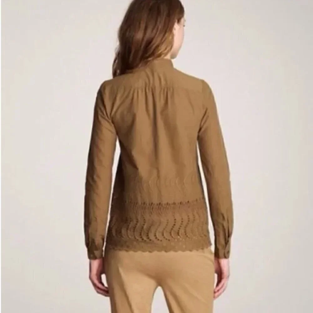 J. Crew Women's Sz 0 Delaney Eyelet-Trim Shirt Spiced Olive Green Tan Collarless